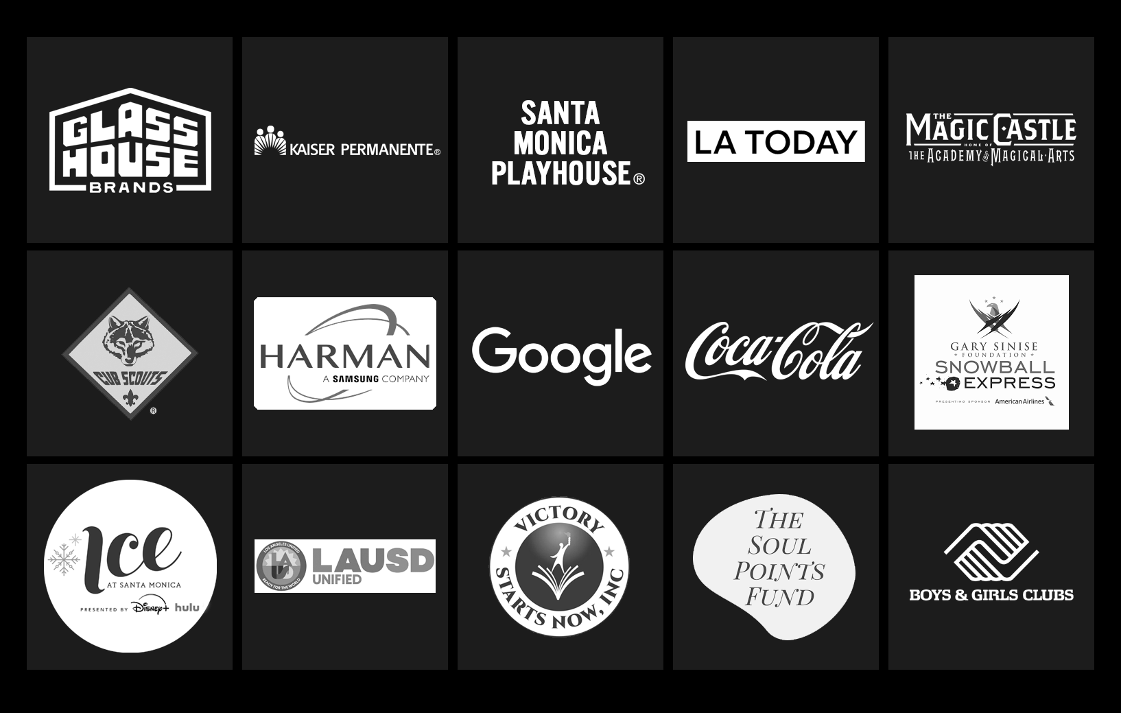 Ice At Santa Monica Presented by Disney+ & Hulu, The Four Seasons, 1 Hotel West Hollywood, Skybar/The Mondrian, LA Today, The Mountain Mermaid, 
Mulholland Tennis Club, Kaiser Permanente, Santa Monica Playhouse, LAUSD, The Cub Scouts, The Magic Castle